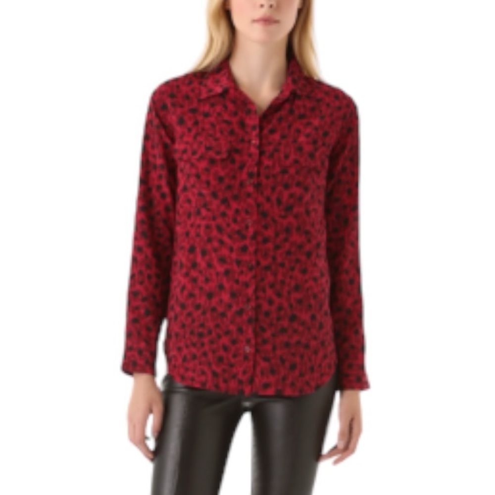 Equipment Femme Silk Red Animal Print Button Front Signature Shirt Blouse